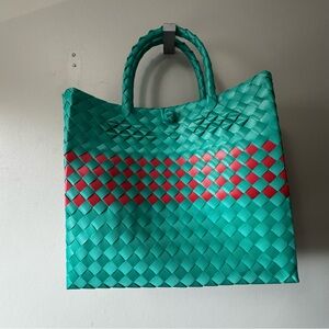 Vibrant Teal and Red Woven Tote Bag